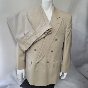 New River Mens Suit Double Breasted Beige Plaid Two Piece Set 44R Made‎ In USA